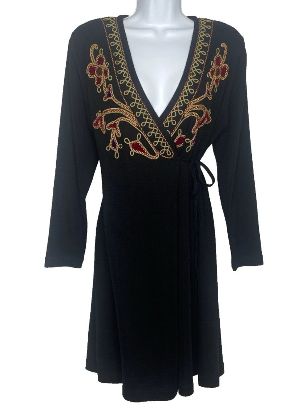 Vintage 90s Carole Little Faux Wrap Sweater Dress Size L Black Knit Embroidered